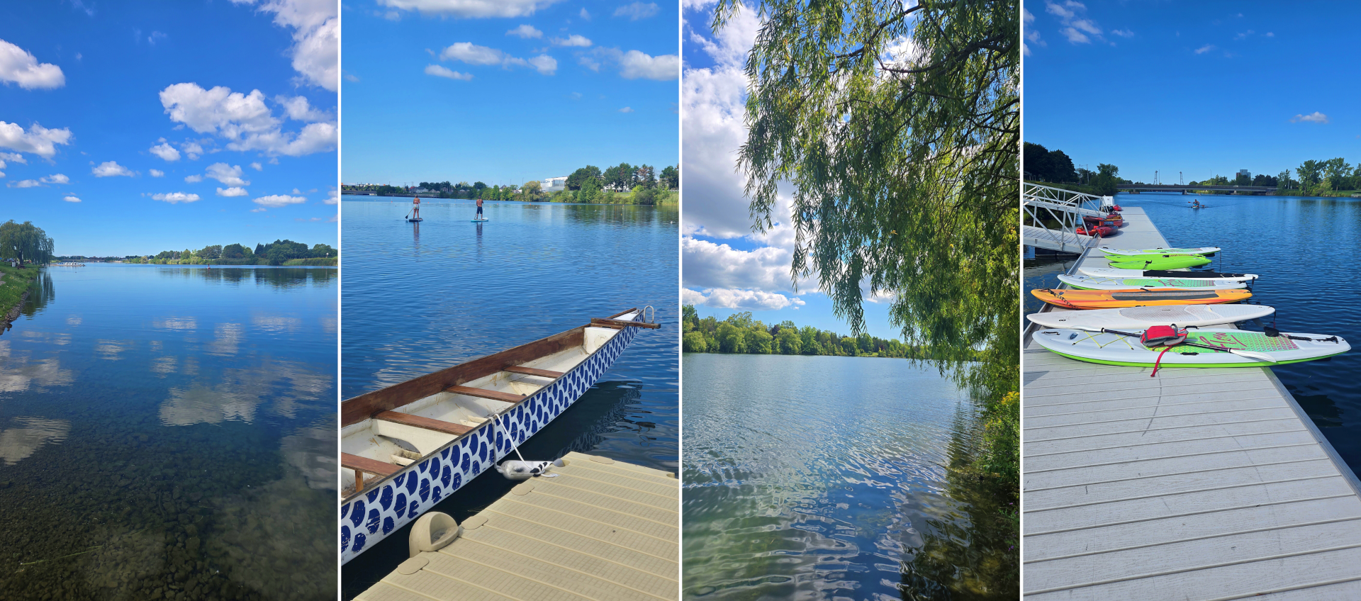 Calm water along the Welland Recreational Canal Paddleboards and a canoe docked on the canal Willow tree overhanging the Welland Recreational Canal Kayaks and paddleboards lined up on a canal dock